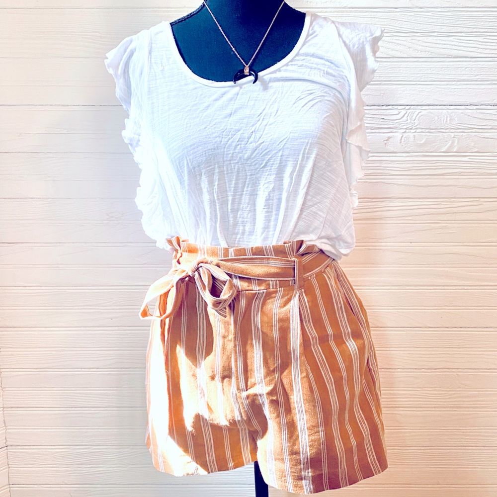 F21 | Mustard Stripe Linen Paper Bag Shorts with Matching Fabric Tie Belt